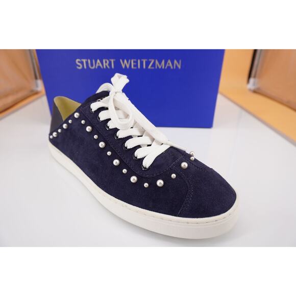 Stuart Weitzman Super Stud Blue Suede Beaded Flat Sneakers Size 9 New $350 - Picture 1 of 12